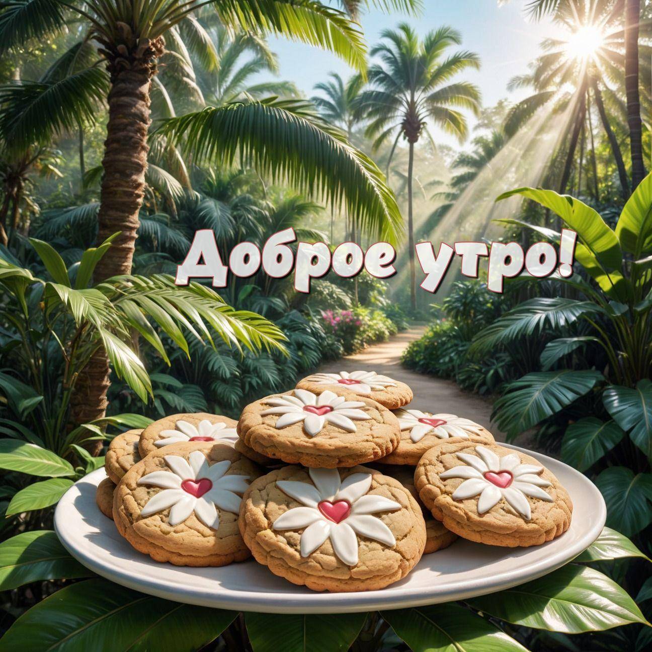 Утро, тарелка с печеньем на фоне тропического леса