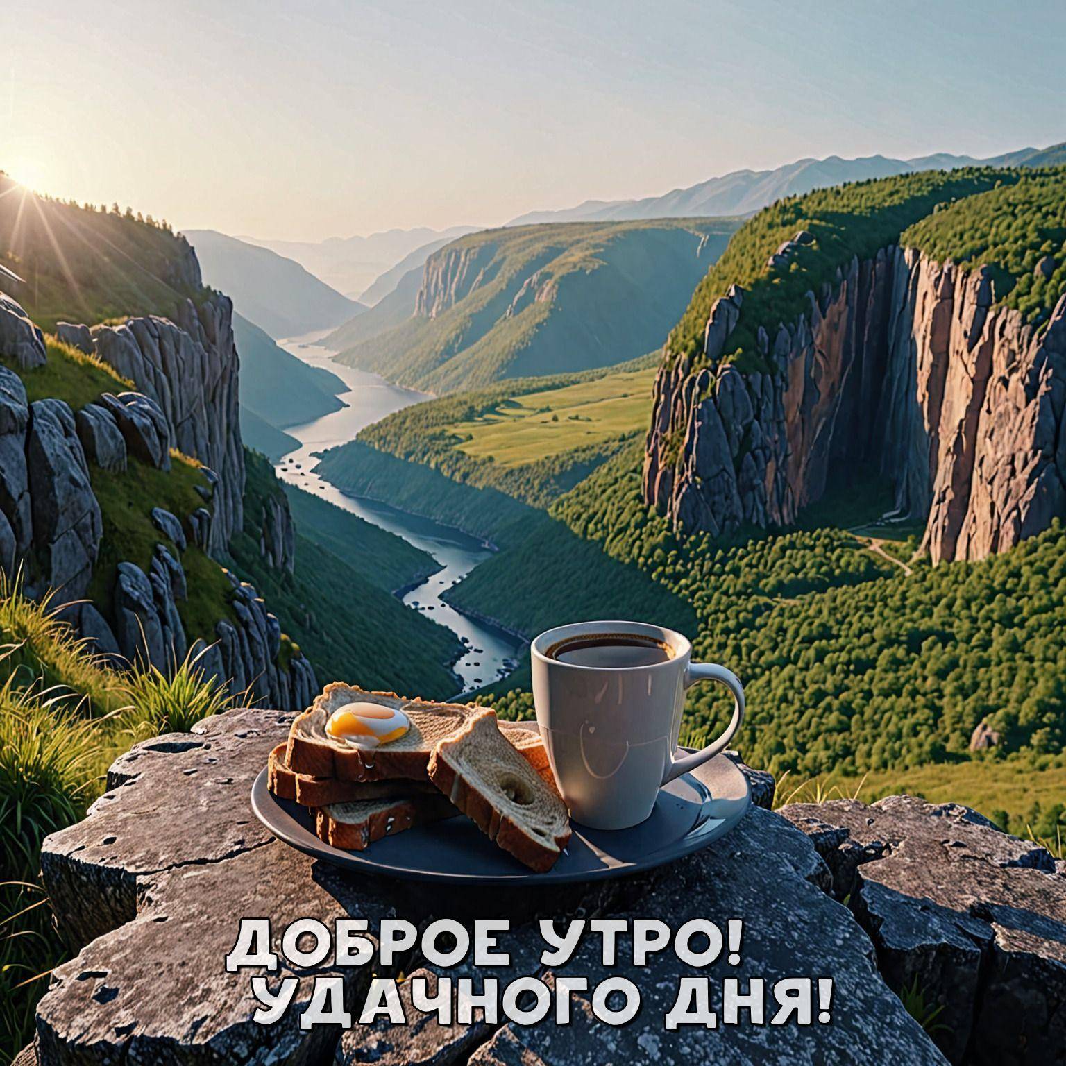 Утро, тарелка с тостами и яичницей на фоне ущелья