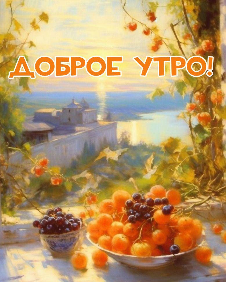 Утро, тарелки с фруктами на фоне солнечного пейзажа