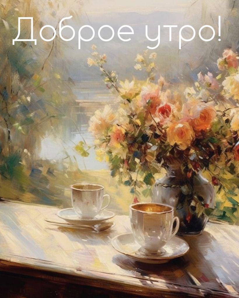 Утро, текст alt,Натюрморт с чашками кофе и цветами на столе