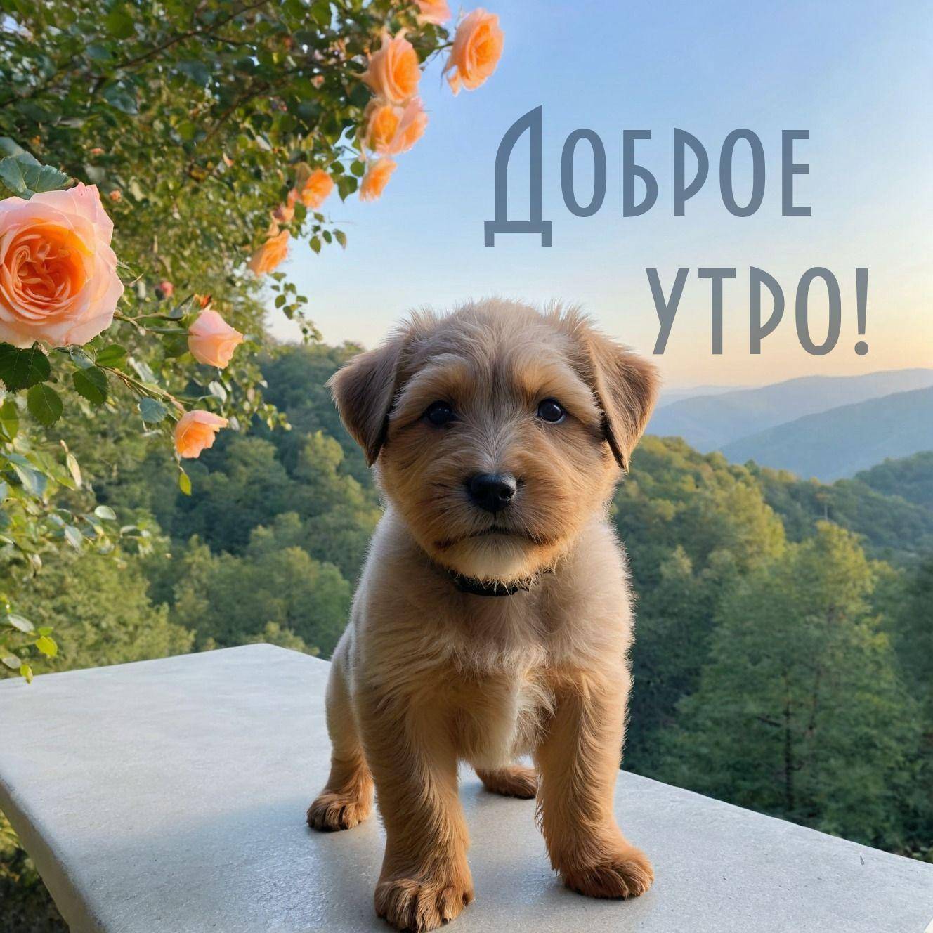 Утро, текст alt,Щенок с розами на фоне заката