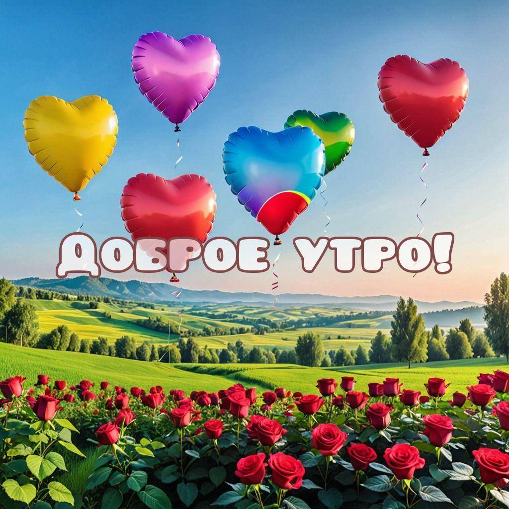 Утро, текст alt,Шары в форме сердец летят над поляной с розами