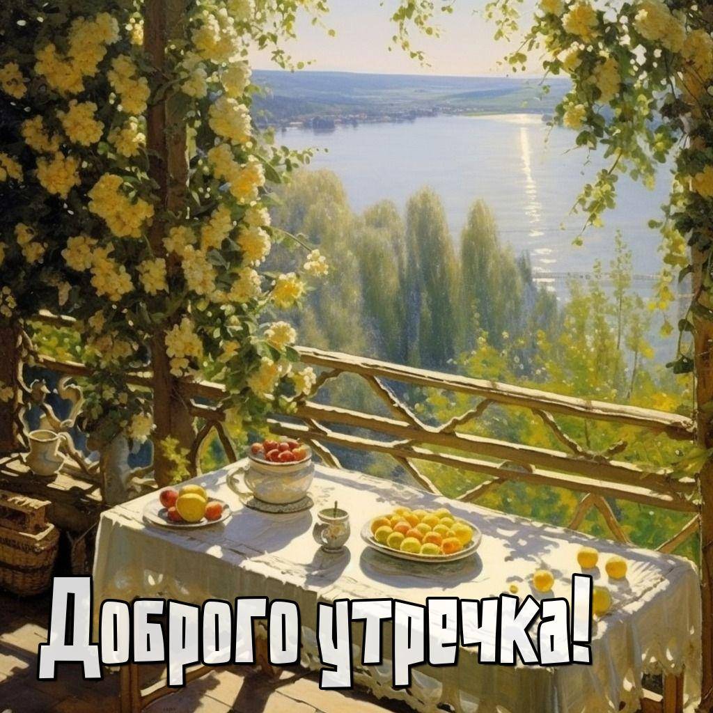Утро, терраса с плетущимися растениями и столом на переднем плане