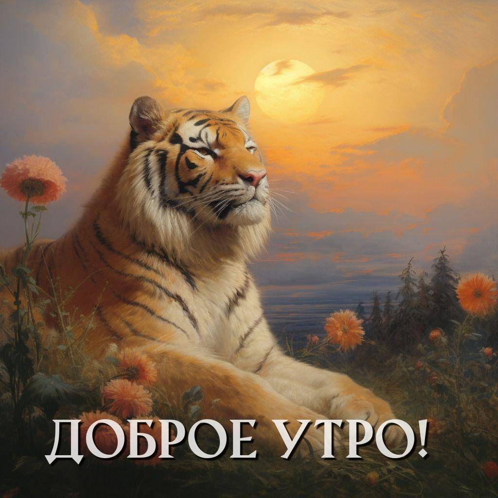 Утро, тигр лежит среди полевых цветов на фоне заката