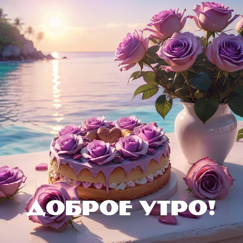 Утро, торт с розовыми цветами и кремом на белом столе