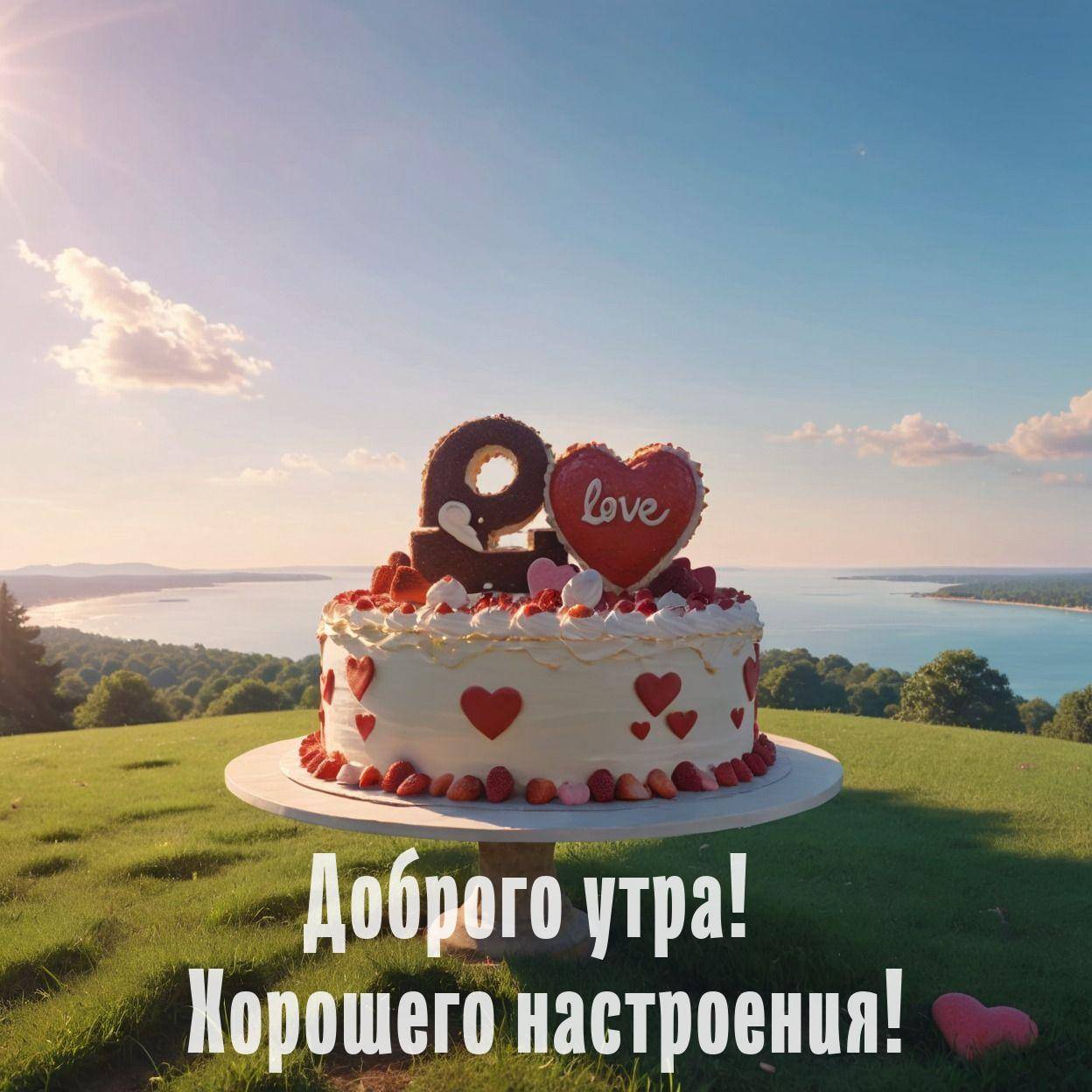 Утро, торт с сливками, клубникой и шоколадным сердцем