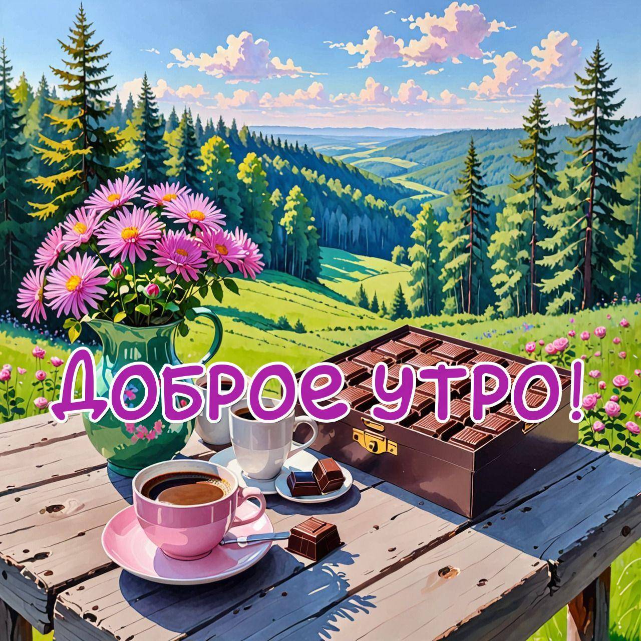 Утро, три чашки кофе, шоколадные конфеты и цветы на столике на фоне природы