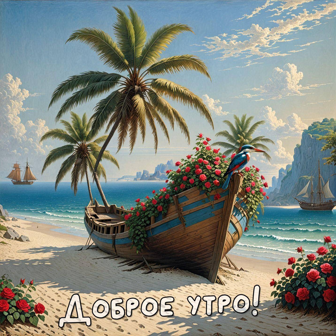 Утро, тропическая сцена с кораблем, пальмами и птицей