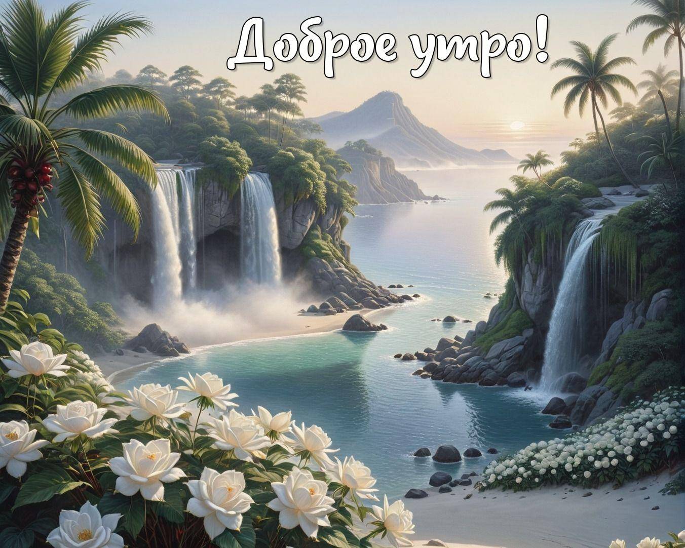 Утро, тропическая сцена с водопадами, цветами и пальмами