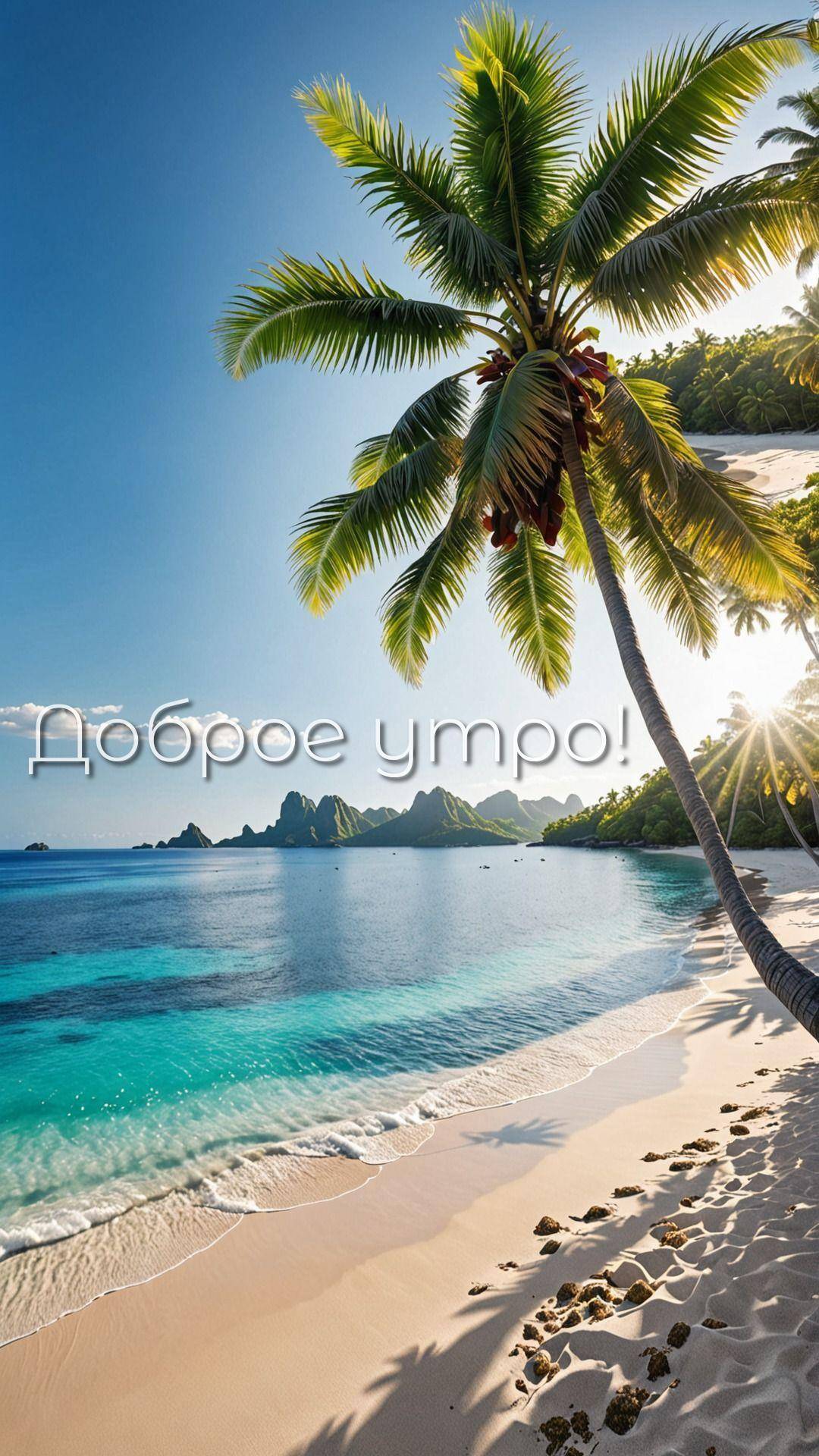 Утро, тропический пляж с пальмой, бирюзовой водой и горами на горизонте