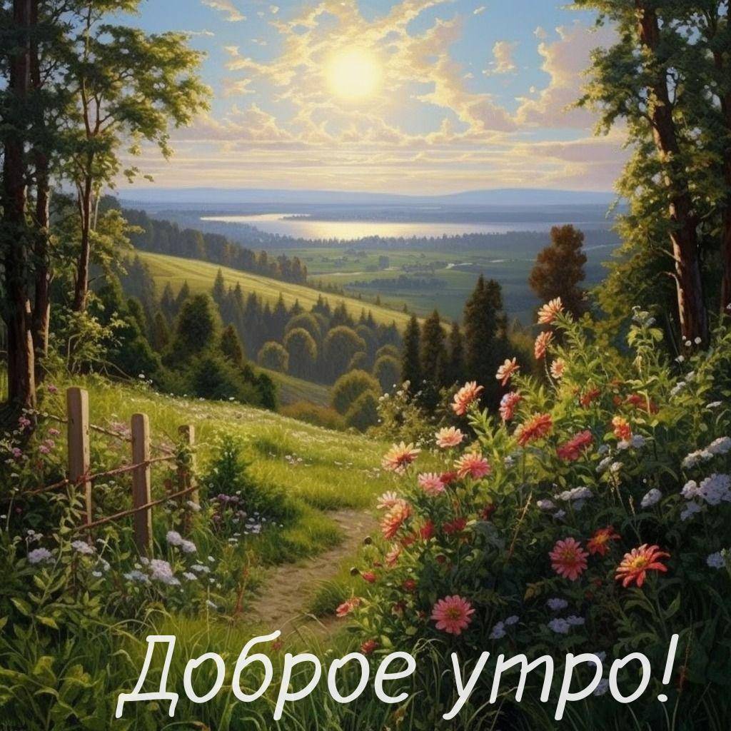 Утро, тропинка среди зелёной травы и деревьев с цветами