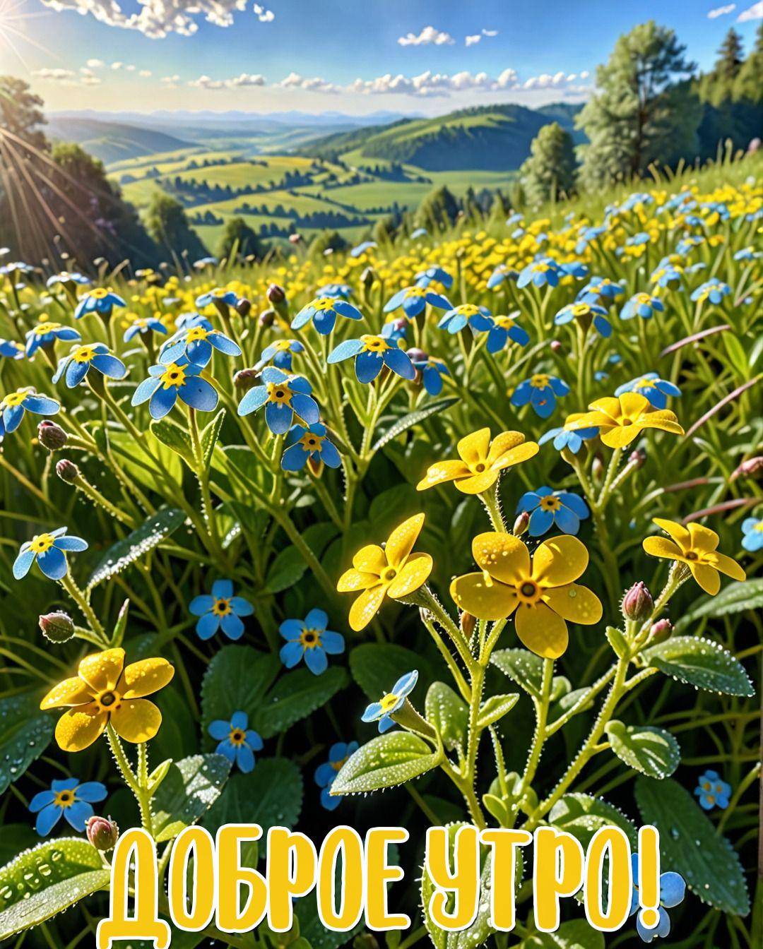 Утро, цветы на зелёном холмистом фоне
