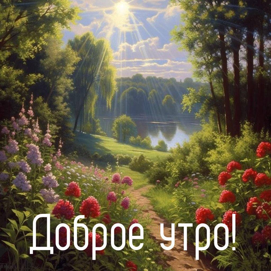 Утро, цветочная тропинка ведет к озеру, окруженному лесом