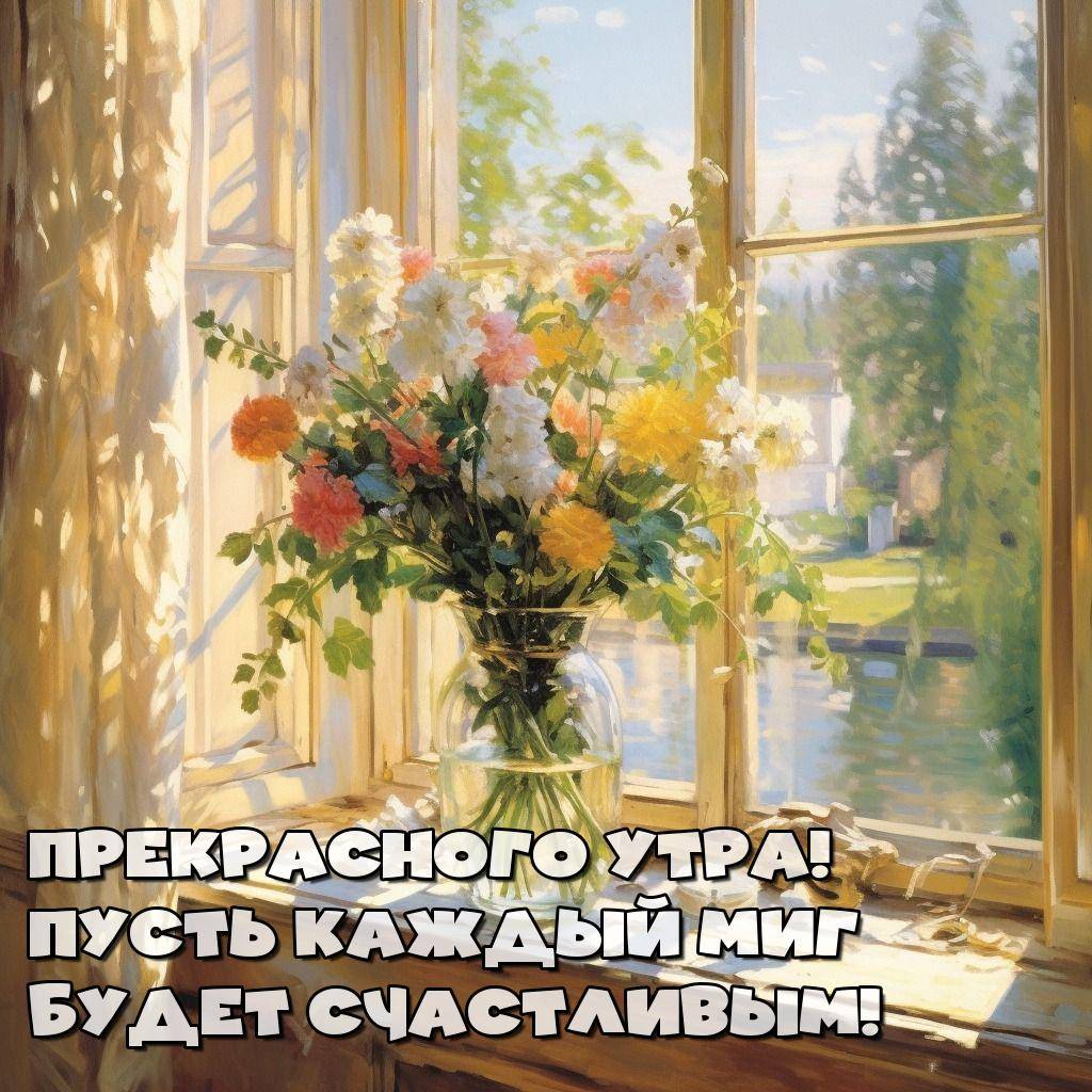 Утро, цветочный букет в вазе на подоконнике