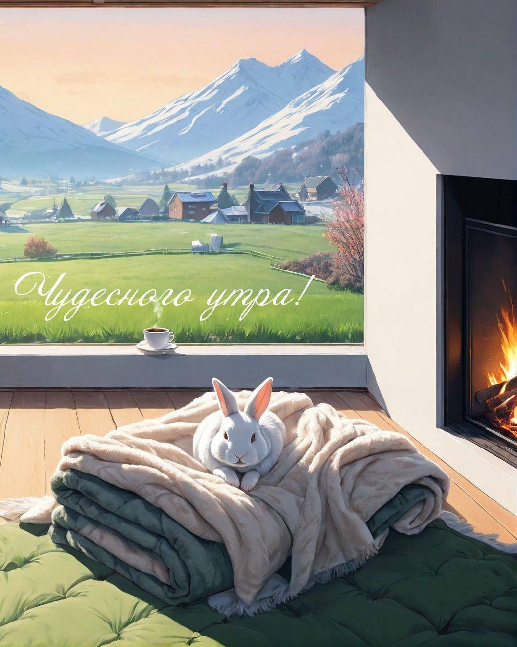 Утро, уютная комната с видом на сельский пейзаж