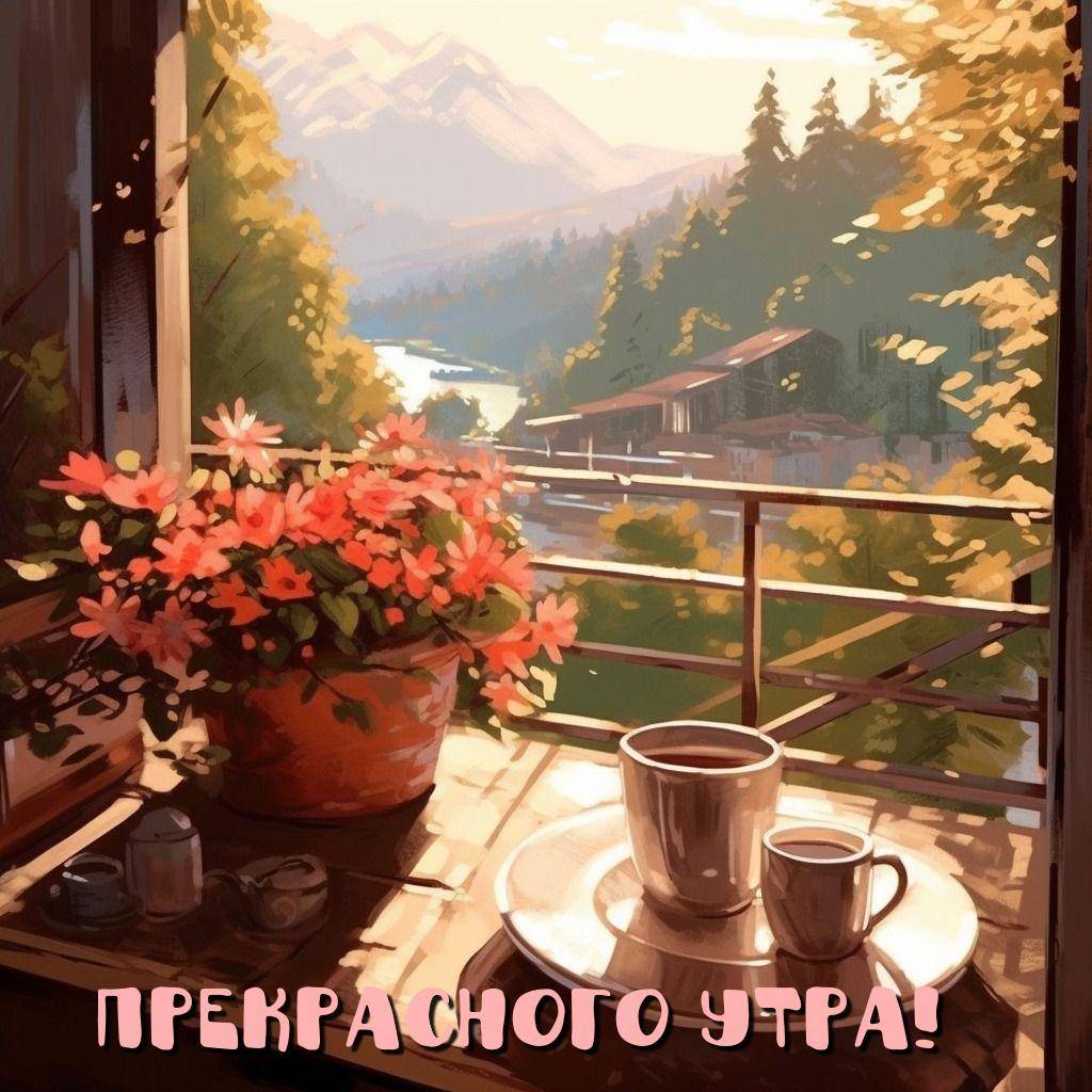 Утро, уютная сцена из окна с напитками и цветами