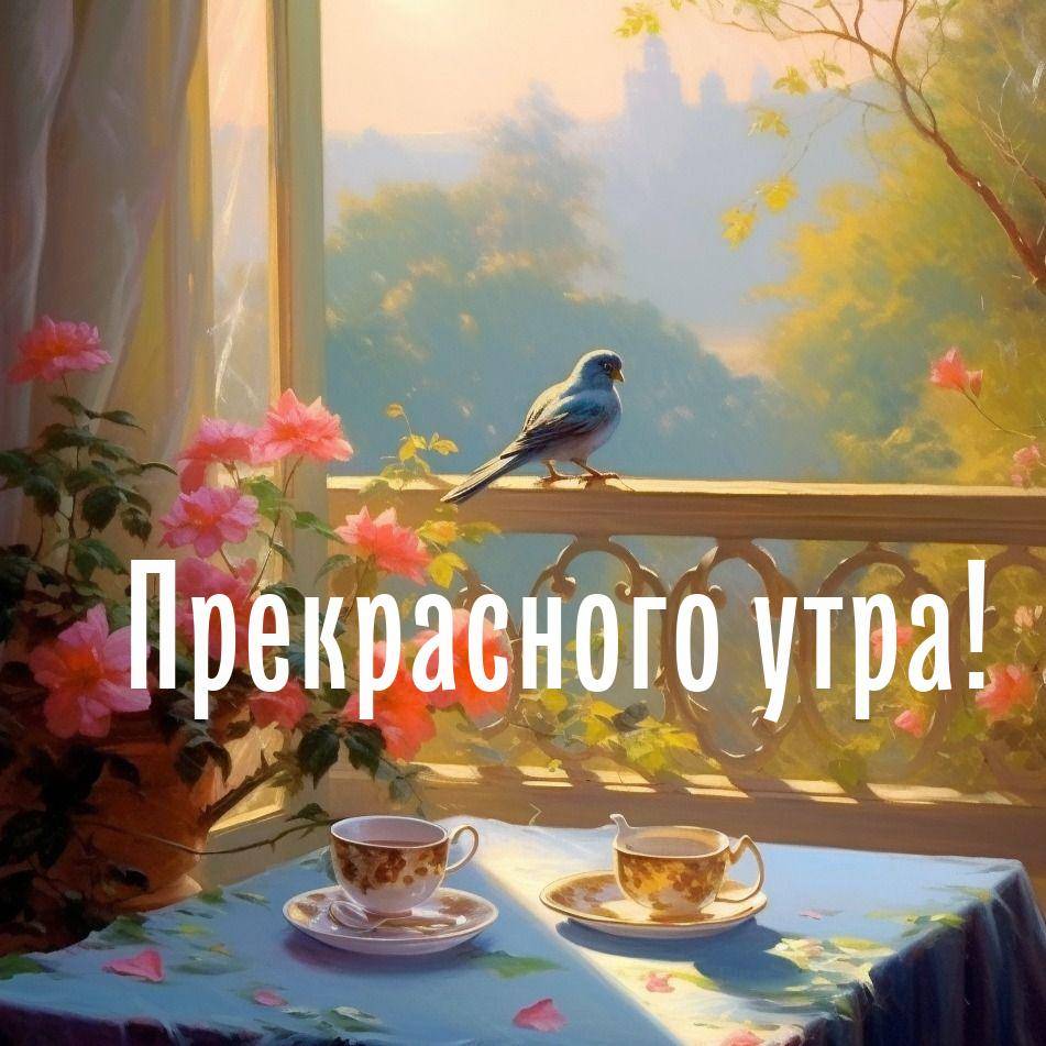 Утро, уютная сцена на балконе с чайными чашками и цветами