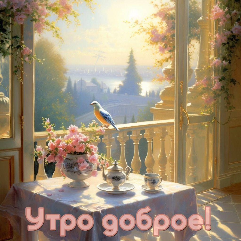 Утро, уютный балкон с растительностью, столом и птицей