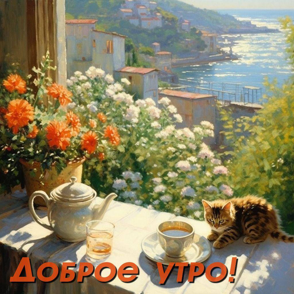 Утро, уютный летний пейзаж с чайником и котёнком