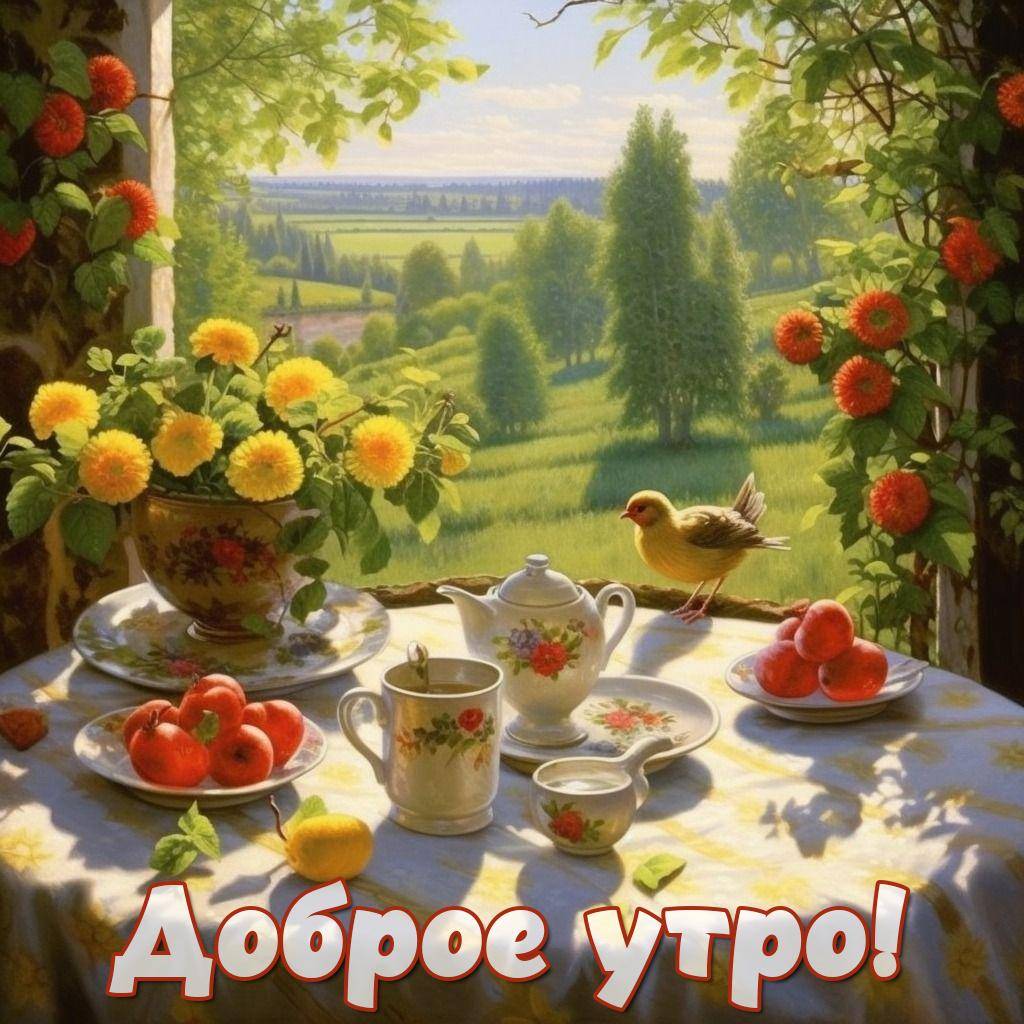 Утро, уютный натюрморт с чайной посудой, яблоками и лимоном