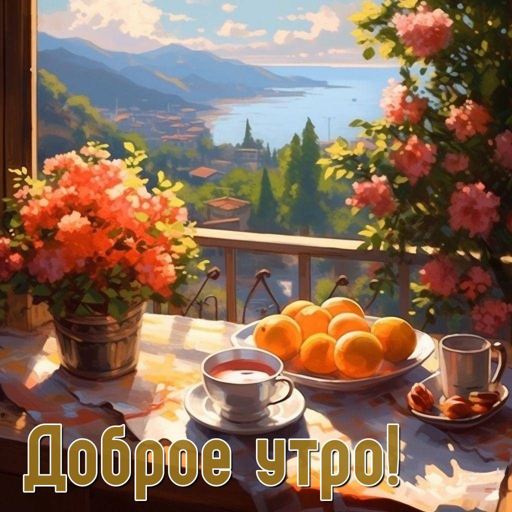 Утро, уютный столик на балконе с видом на море и апельсинами
