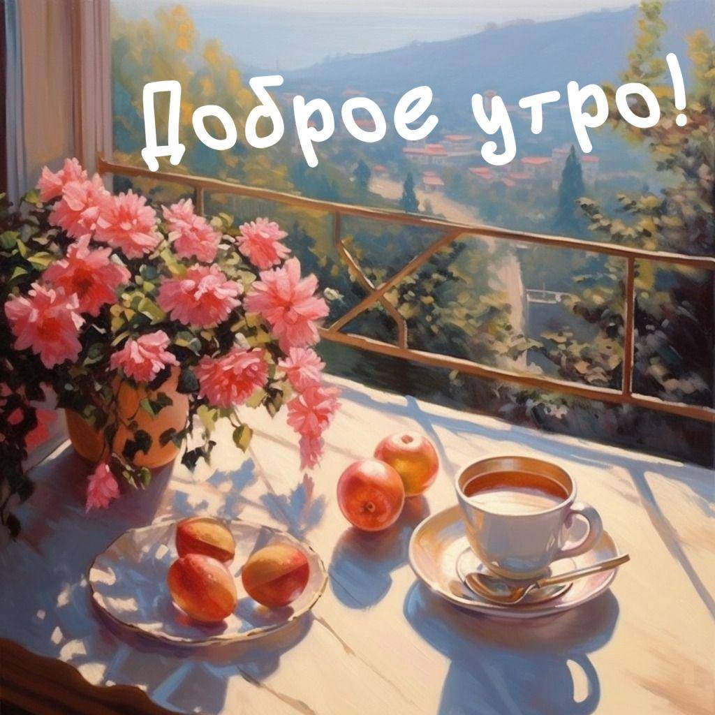 Утро, уютный столик у окна с чашкой, персиками и цветами