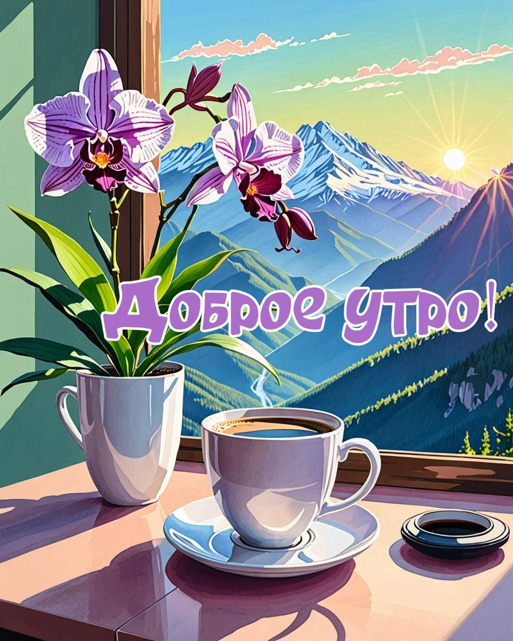 Утро, уютный уголок с кофе и орхидеей на фоне гор