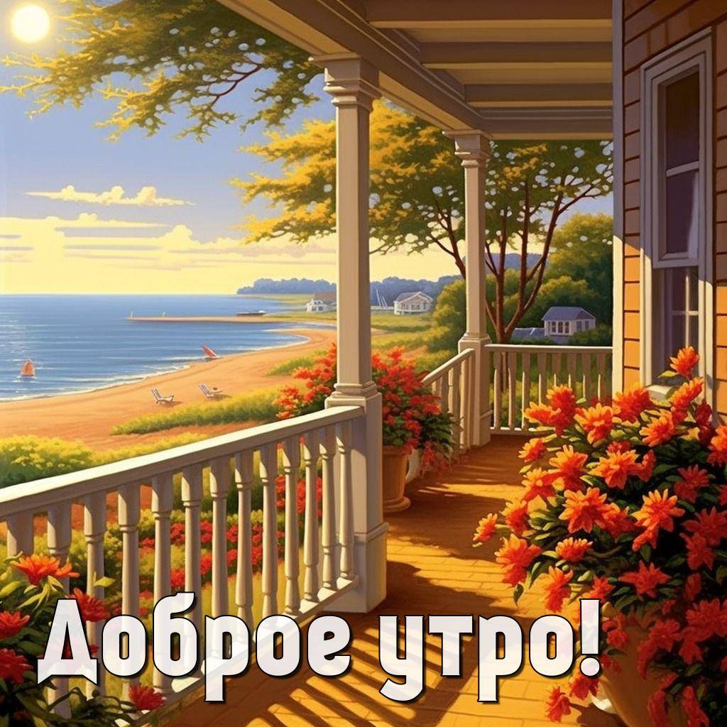 Утро, уютное деревянное крыльцо дома с видом на пляж