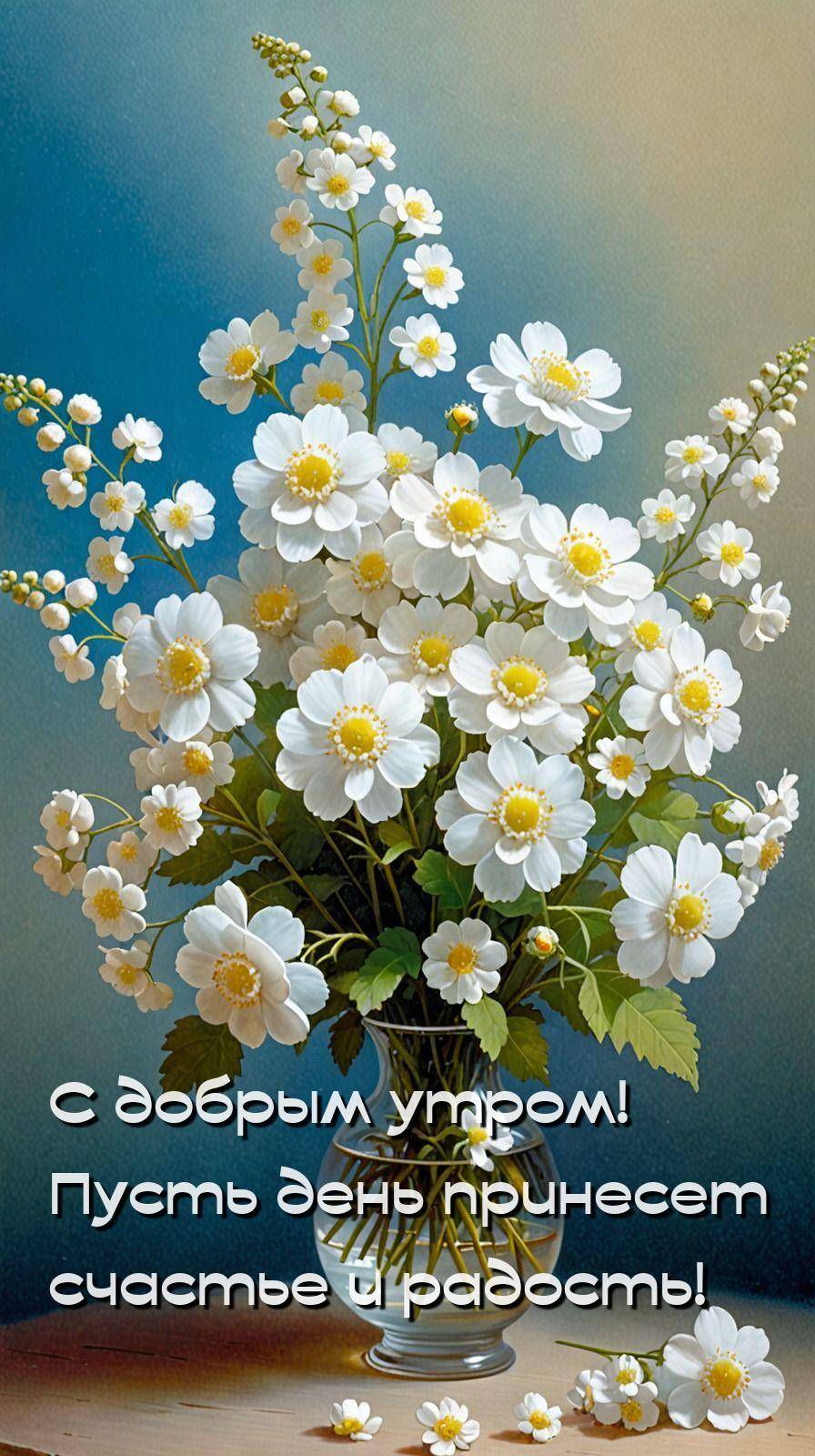 Утро, ваза с букетом белых цветов и лепестками