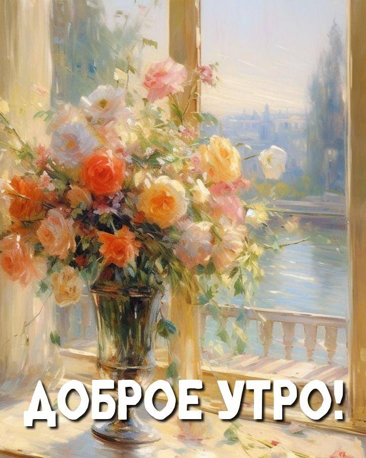 Утро, ваза с букетом роз на подоконнике