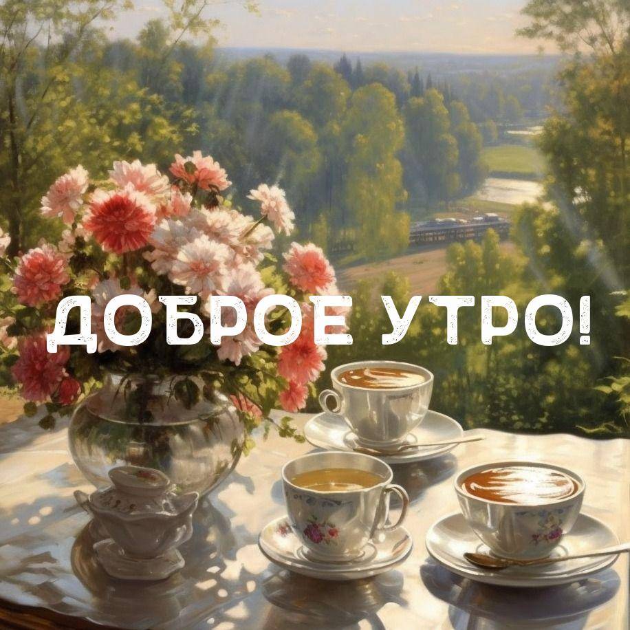 Утро, ваза с розовыми цветами и три чашки на блюдцах