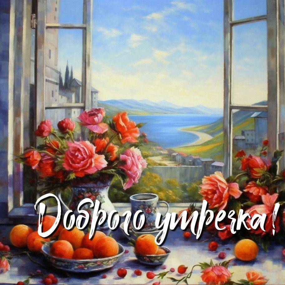 Утро, ваза с цветами и фруктами у окна