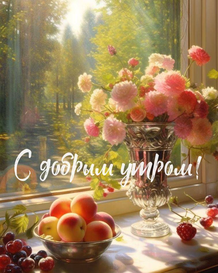Утро, ваза с цветами и миска с фруктами на подоконнике