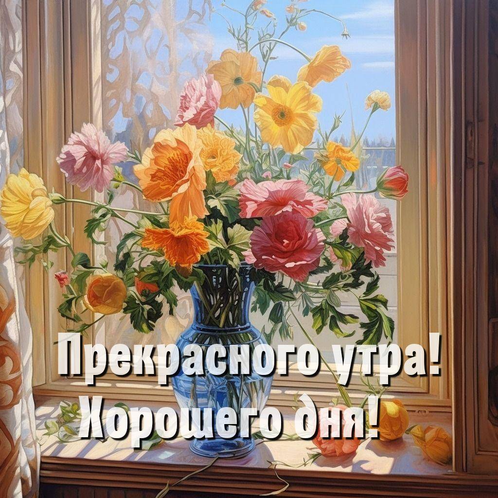 Утро, ваза с цветами на подоконнике