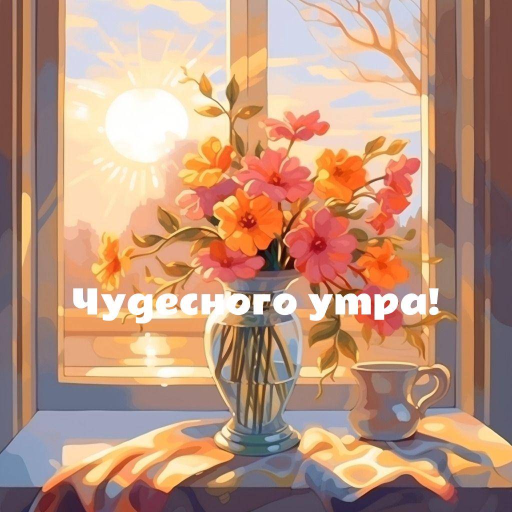 Утро, ваза с цветами на подоконнике, закат на фоне