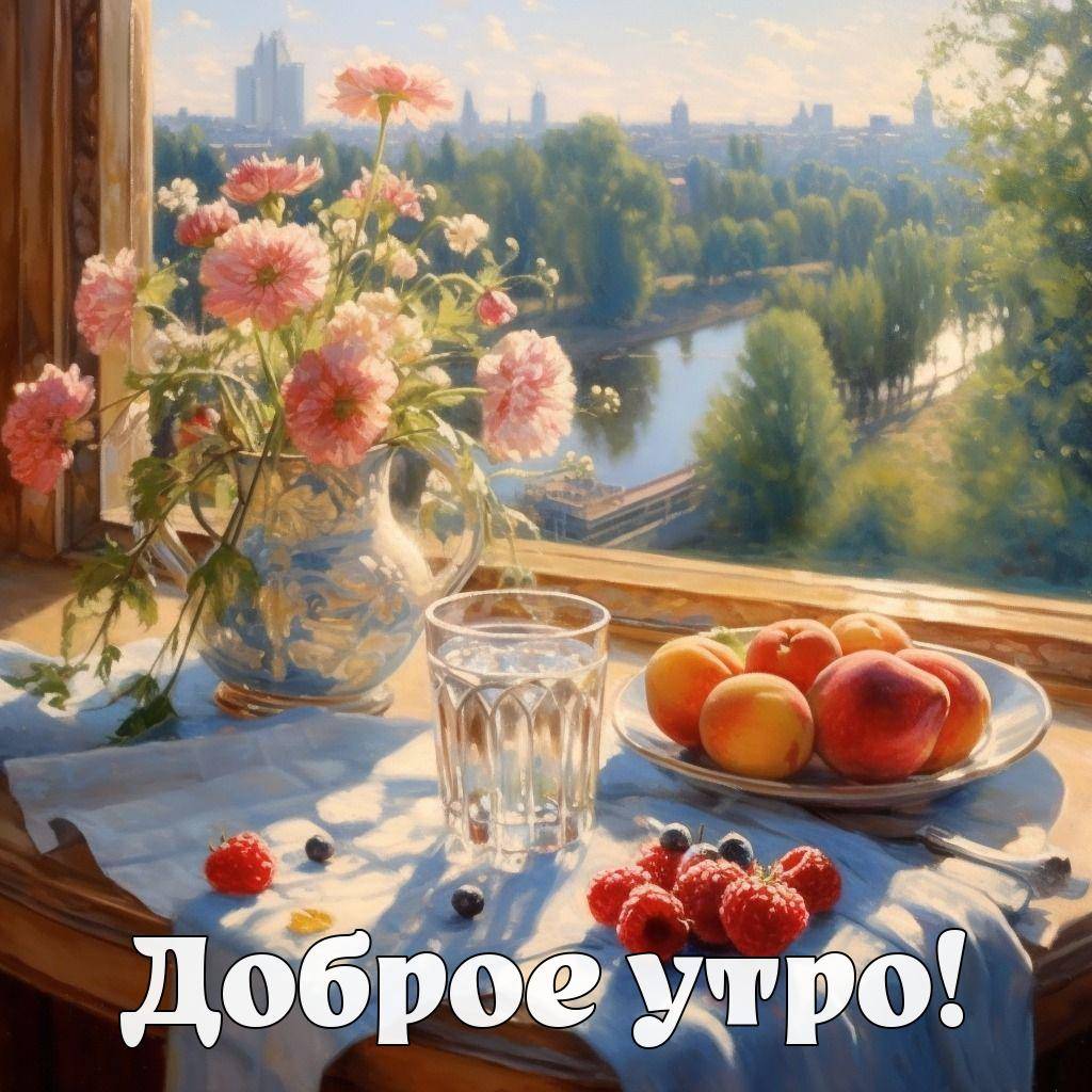Утро, ваза с цветами, стакан и фрукты на подоконнике