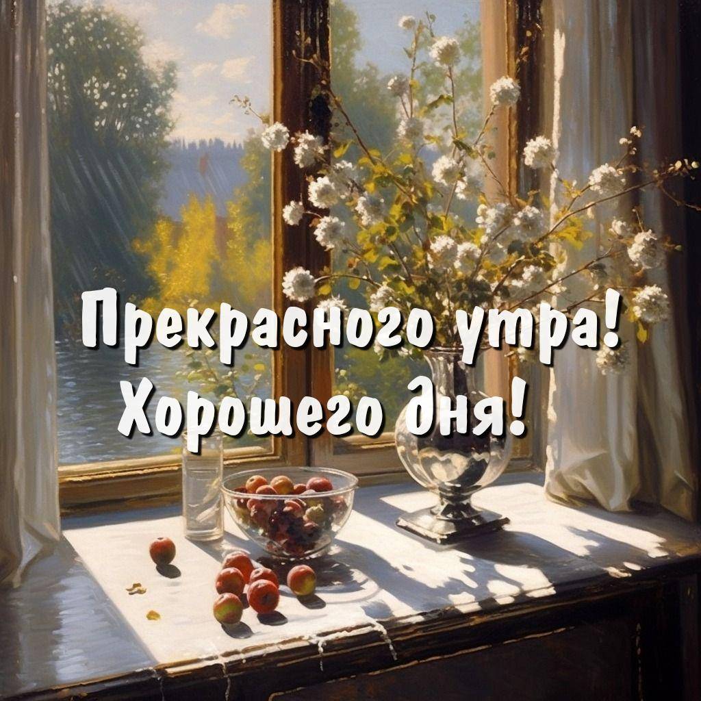 Утро, ваза с цветами, яблоки и стакан у окна