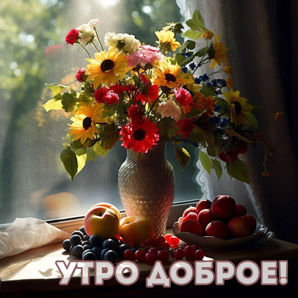 Утро, ваза с ярким букетом цветов и плодами на столе