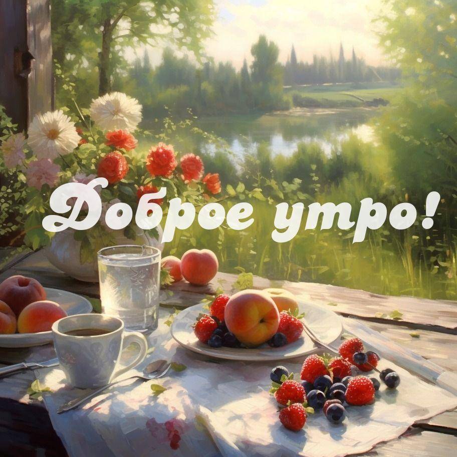 Утро, вазон с цветами и тарелки с фруктами на столе
