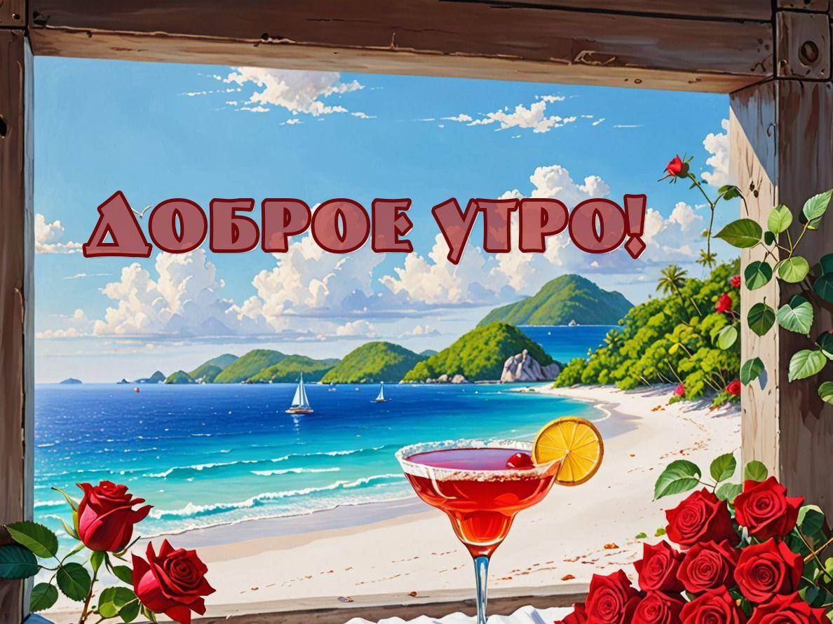 Утро, вид на пляж и море через окно.