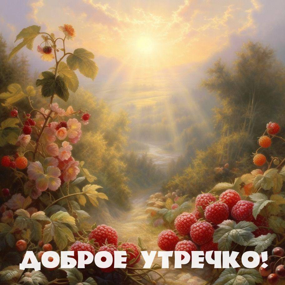 Утро, яркие красные ягоды малины на кустах