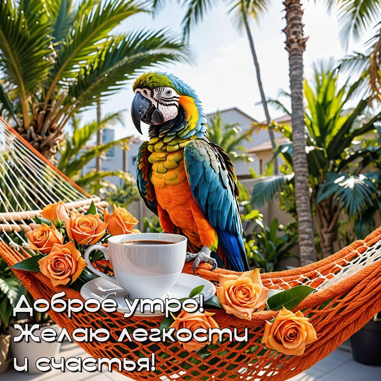 Утро, яркий ара на оранжевом гамаке с розами