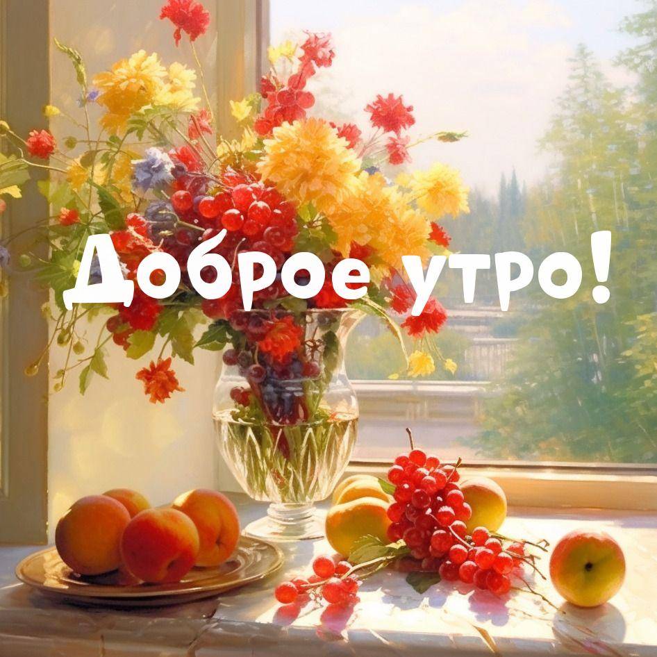 Утро, яркий натюрморт с цветами и фруктами на подоконнике