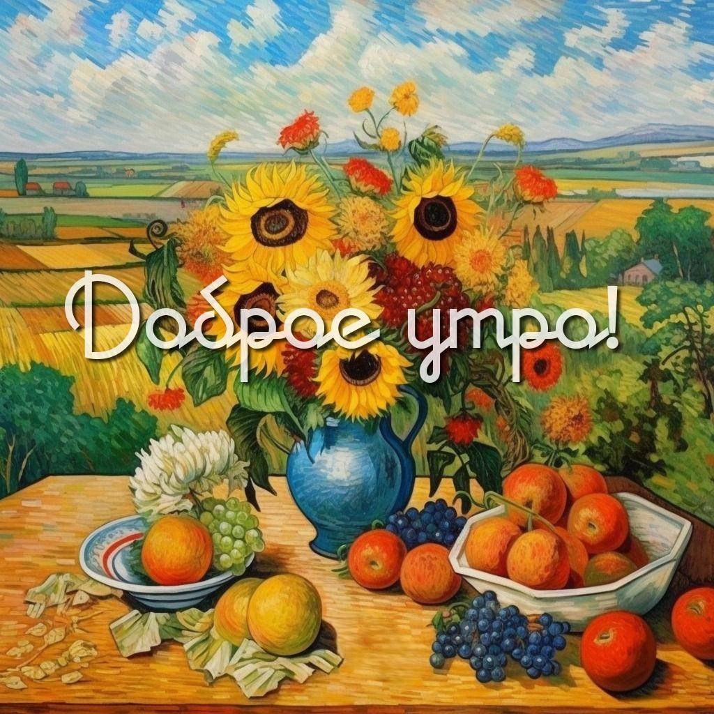 Утро, яркий натюрморт с цветами и фруктами на столе