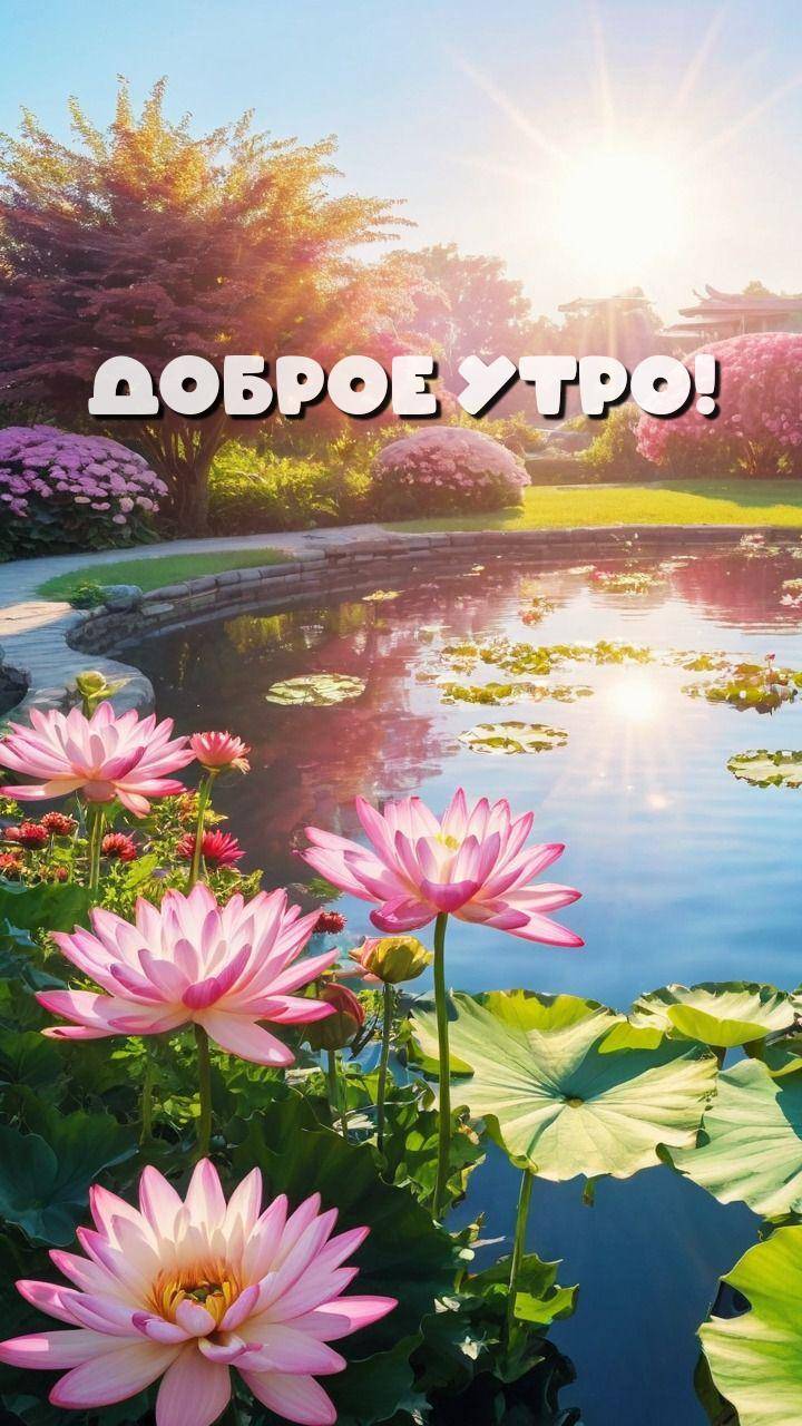 Утро, яркий солнечный день в саду с розовыми цветами и прудом