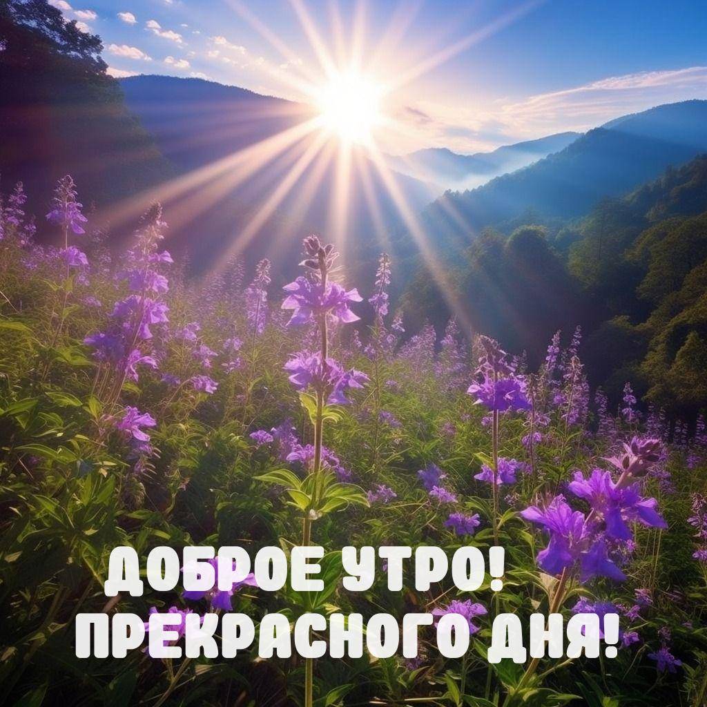 Утро, яркий солнечный свет над полями сиреневых цветов