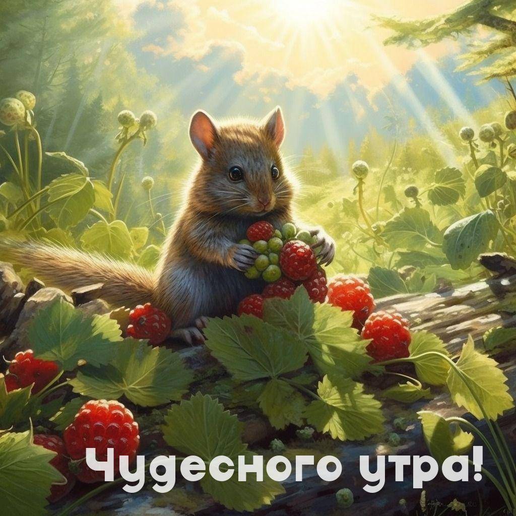 Утро, забавная мышка с ягодами малины на лесной поляне