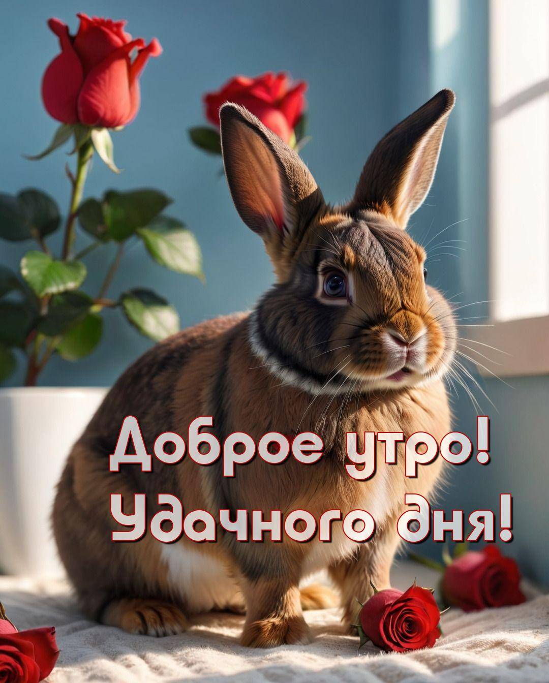 Утро, забавный кролик с розами на светлой поверхности
