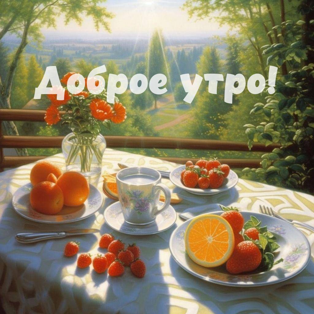 Утро, завтрак на улице с фруктами и цветами