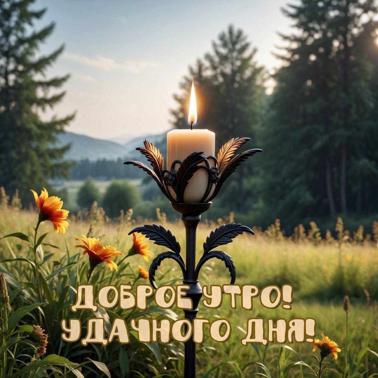 Утро, зажженная свеча перед горами и деревьями